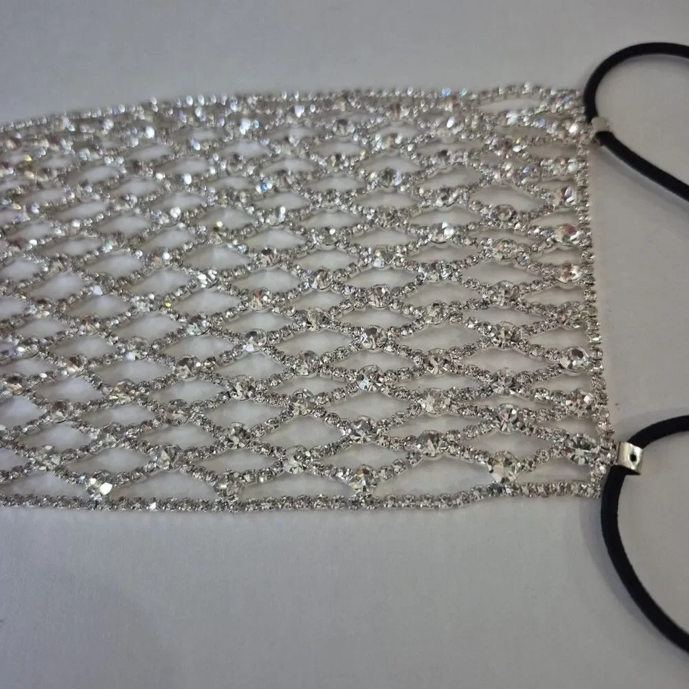 Silver Bling Shiny Rhinestone Mesh Cosplay Costume Face Mask Accessory New